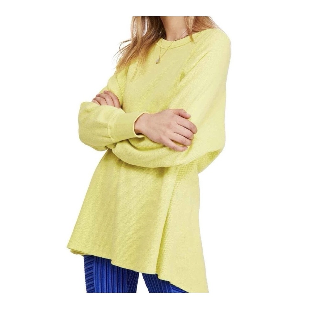 Free People Amelia Top Women's Large Oversized Thermal Neon Yellow Long Sleeve‎